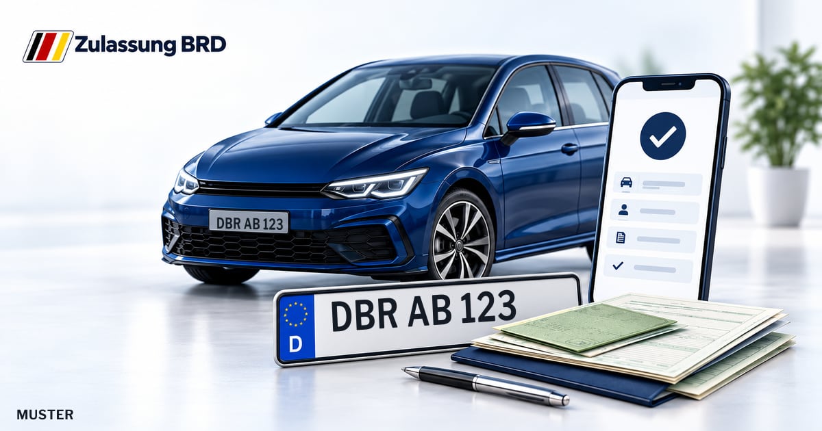 Online Fahrzeugzulassung in Bad Doberan: Musterkennzeichen DBR AB 123, Auto und Fahrzeugpapiere und Smartphone. Illustration mit Logo von Zulassung BRD.